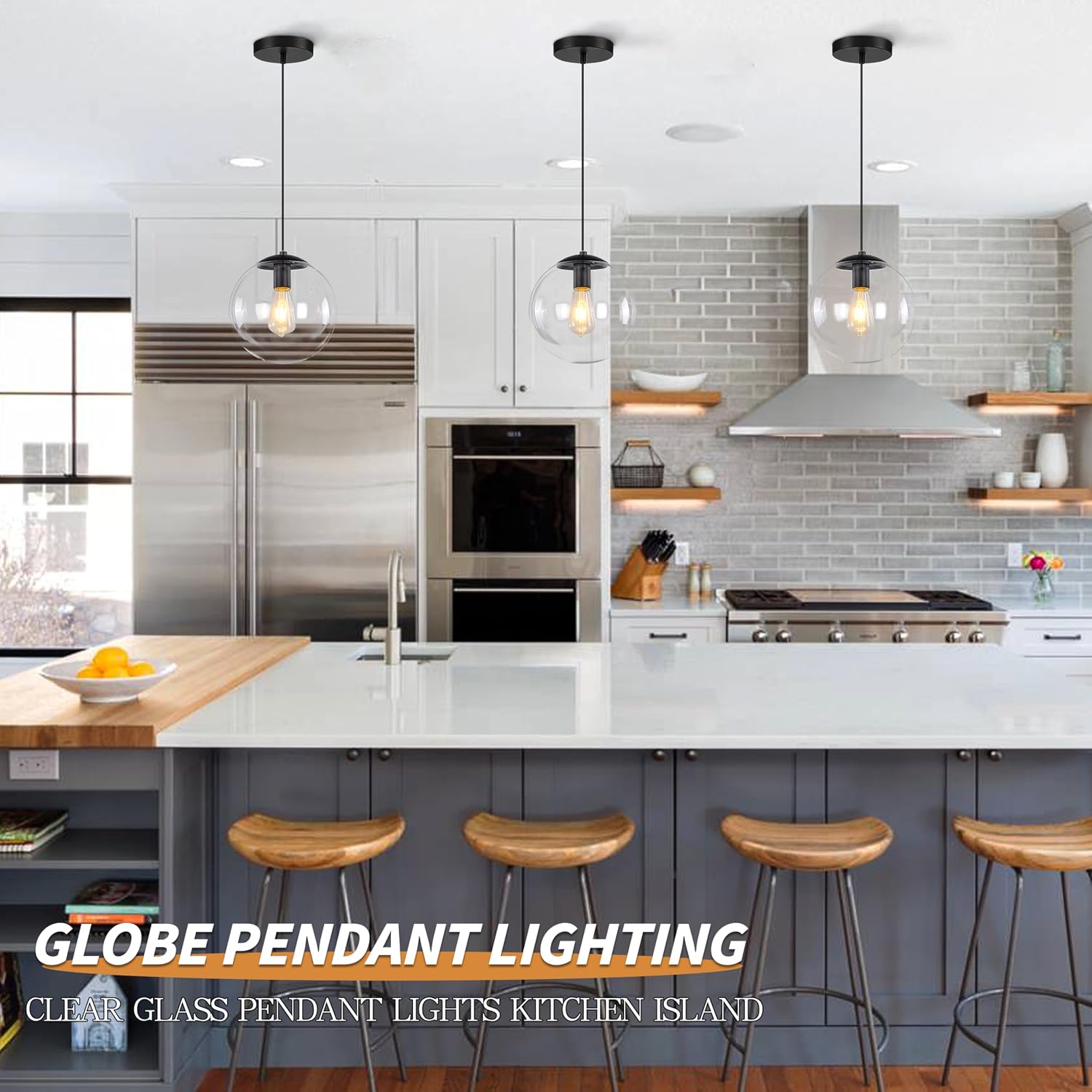 KoKo&Yukina 8' Black Glass Globe Modern Pendant Lights 2 Pack Mid Century Clear Glass Pendant Light Fixtures Adjustable Hanging Pendant Lighting for Kitchen Island Bedroom Hallway Bulbs Included