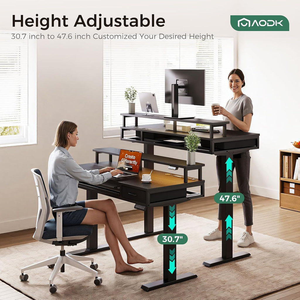AODK Electric Standing Desk with Drawers & Keyboard Tray, 63 Inch Height Adjustable Gaming Desk with Power Outlets & LED Lights, Sit Stand Table with Monitor Stand for Home, Office, Black