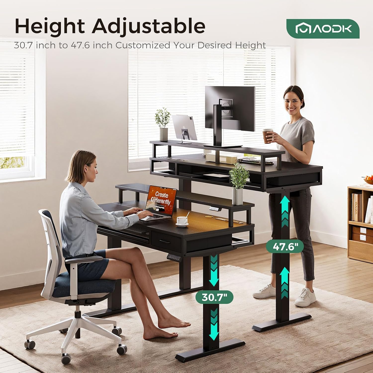 AODK Electric Standing Desk with Drawers & Keyboard Tray, 63 Inch Height Adjustable Gaming Desk with Power Outlets & LED Lights, Sit Stand Table with Monitor Stand for Home, Office, Black