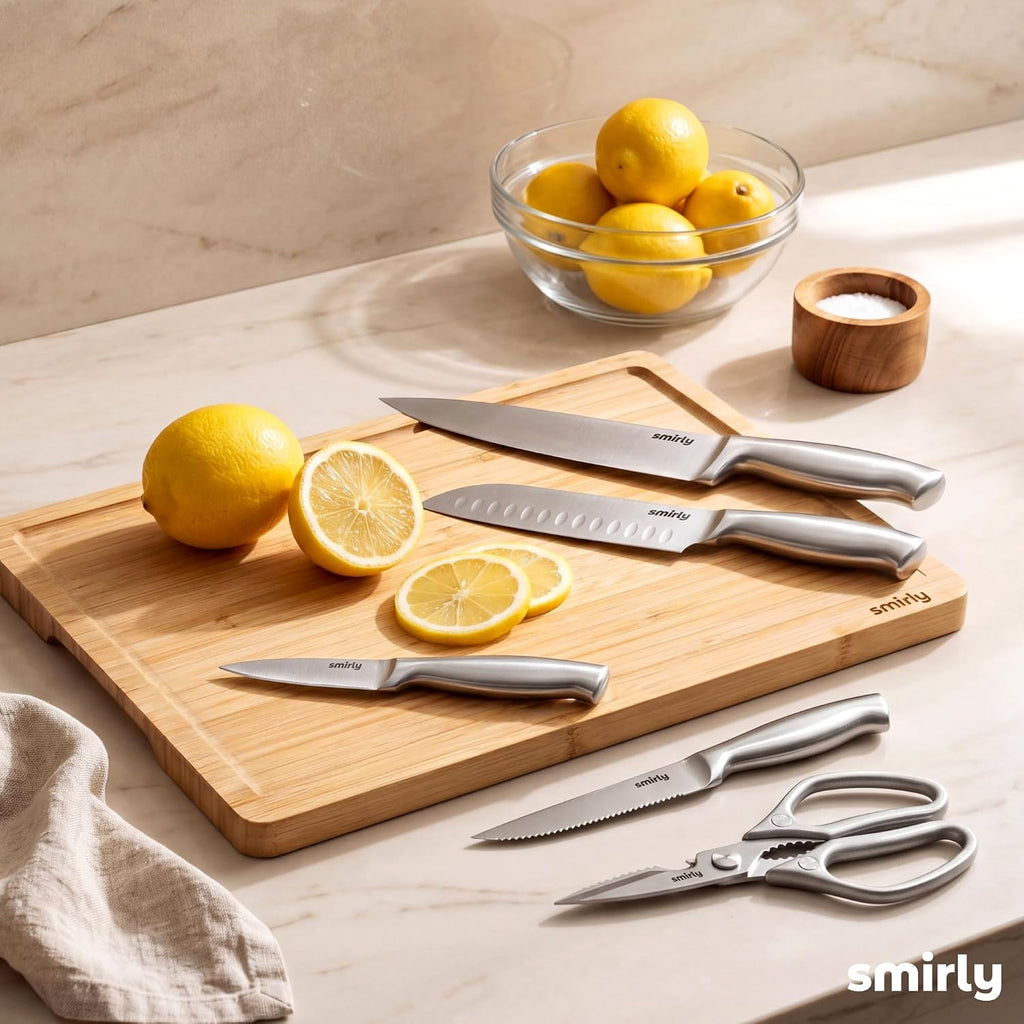 SMIRLY 15 Piece Knife Set with Block - Kitchen Knife Sets with Block and Sharpener - Heavy Duty Wooden Block with One-Piece Design Stainless Steel Knives Dishwasher Safe