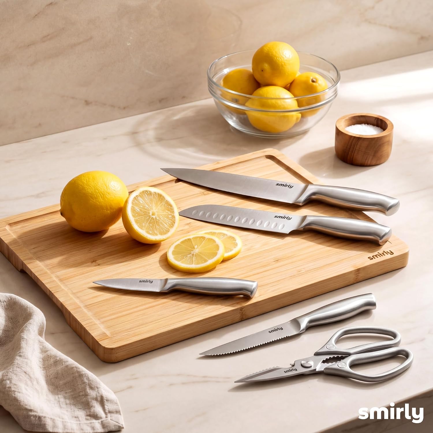 SMIRLY 15 Piece Knife Set with Block - Kitchen Knife Sets with Block and Sharpener - Heavy Duty Wooden Block with One-Piece Design Stainless Steel Knives Dishwasher Safe