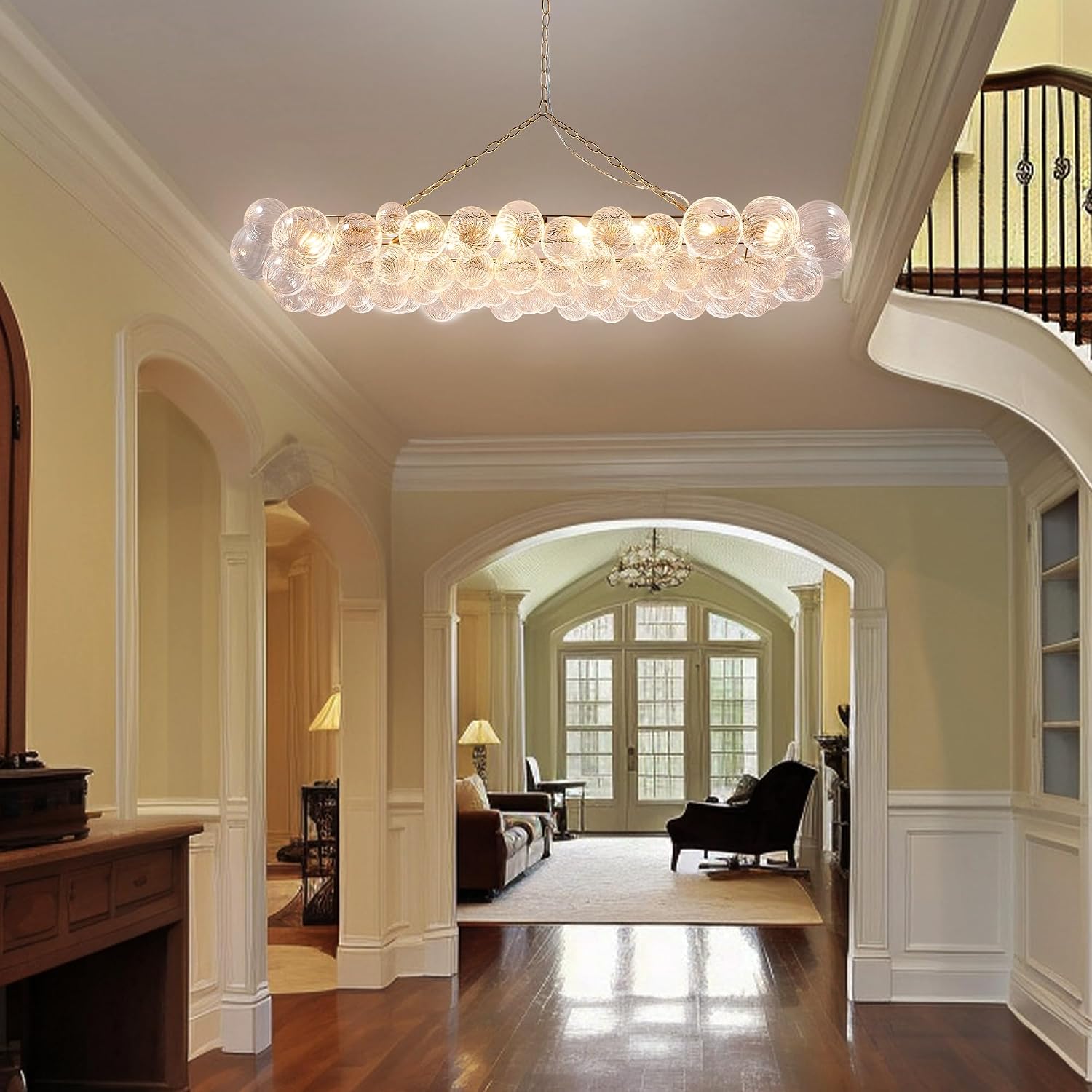 Longree Nordic Bubble Ball Swirled Glass Chandelier Gold, 62 inch | Long Rectangular, Island Light Fixture, For Dining Table, For Living Room