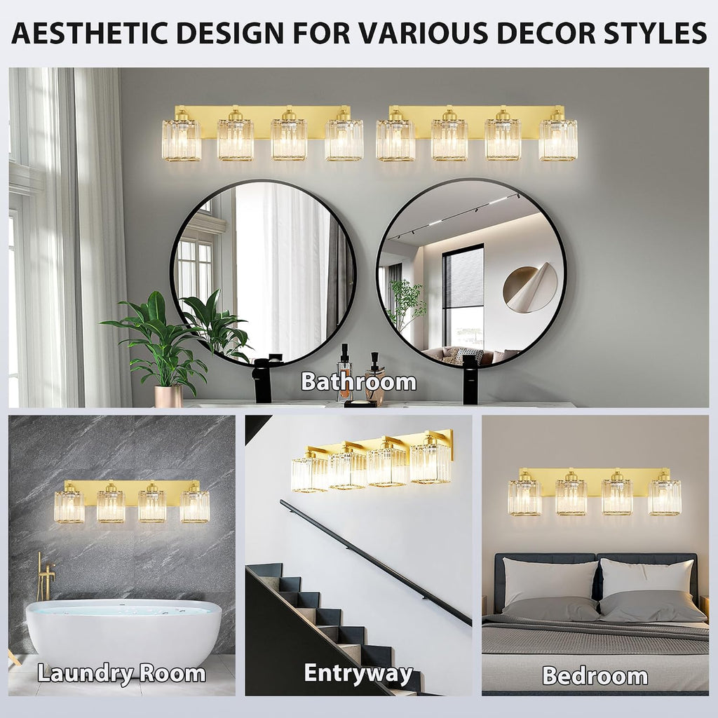 Bathroom Vanity Light Fixtures Over Mirror 4 Crystal Lights - Makeup Lighting Pure Gold - for Modern Wall, Bath, Desk, Farmhouse, Hallway