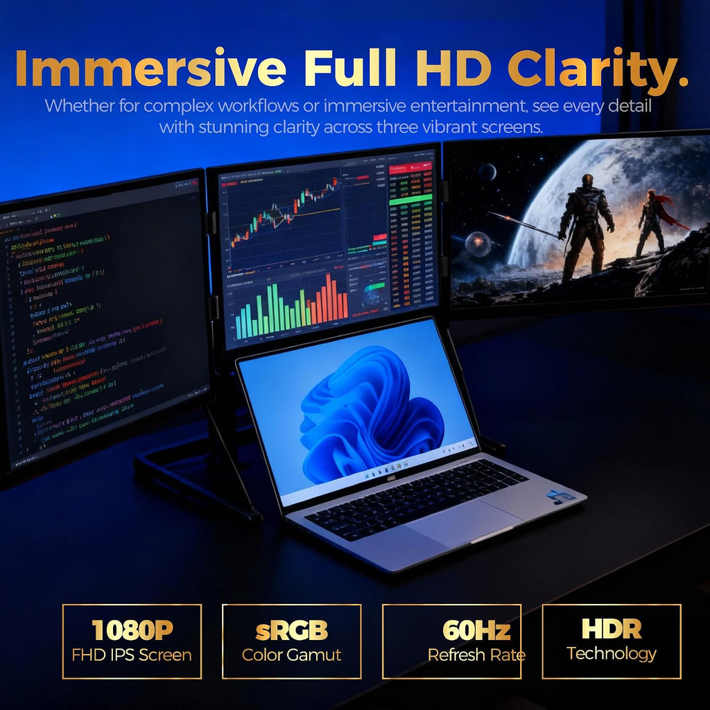 3 Monitor Setup for Laptop, Laptop Monitor Extender, 15.6-inch 1080P, with 360-degree Rotation, Adjustable Angles, Monitor for Laptop, for Windows/Linux/Mac Black