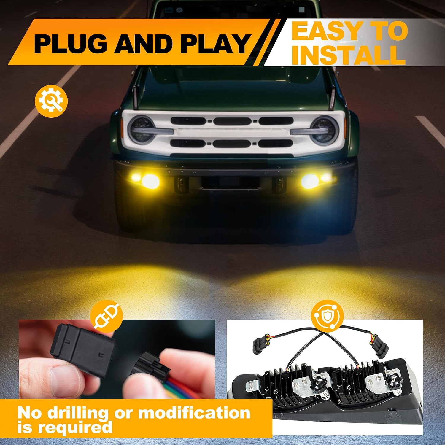 Raptor Style LED Fog Lights Fit for Ford Bronco 2021-2026 2/4 Door | Dual Color, DRL Turn Signal, Amber & White Light, for Factory & AUX Switch, Heavy Duty, Modular Bumper, 2PCS, Black Shell