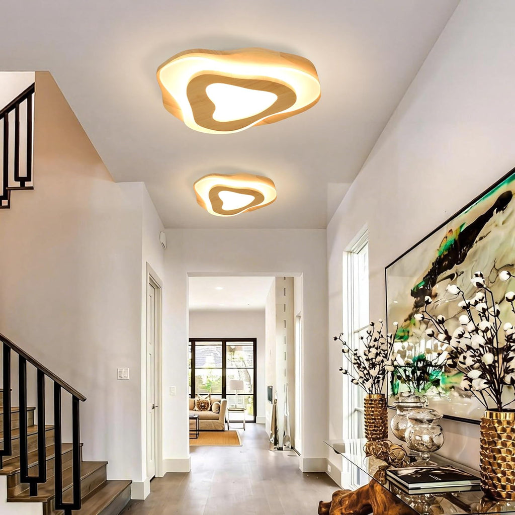 Littleglovo 15.7' Modern Flush Mount LED Chandelier for Dining Room, Dimmable Natural Wood Petal Energy Chandeliers Ceiling Light for Entryway Bedroom Foyer Kitchen Living Room Bathroom