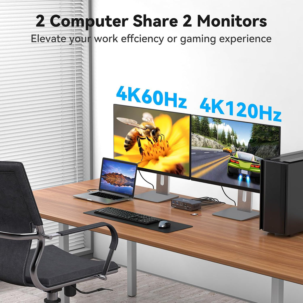 KVM Switch 2 Monitors 2 Computers Docking Station USB C + HDMI/DP Input with 100W PD, 4K60Hz/4K120Hz Displayport HDMI Dual Monitor for Laptop and Desktop Share 13-in-1 Dock Aluminum Case Plug and Play