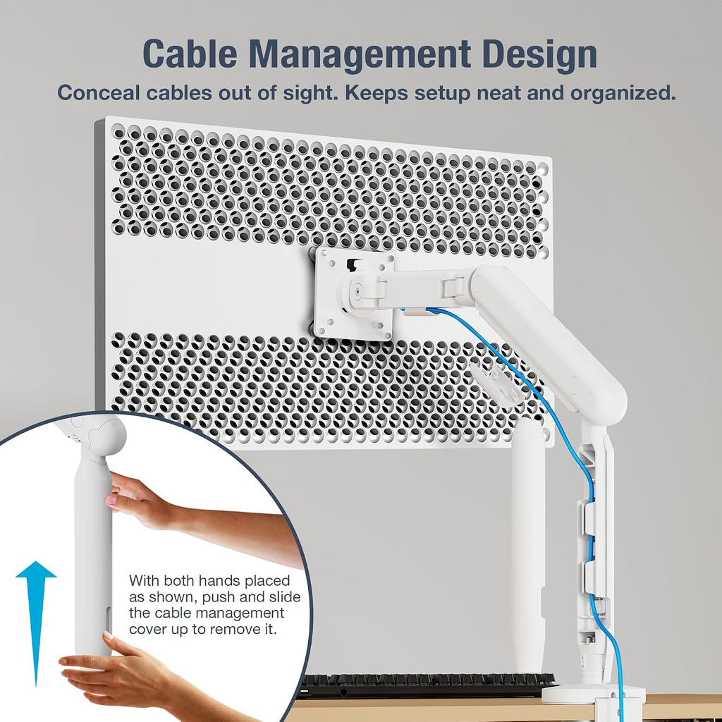 AVLT Single 17'-40' Ultrawide 3-Segment Easel Monitor Arm for Screens Up to 24.3 lbs, Aluminum Designer Stand, Adjustable Pneumatic Height, Full Motion Swivel Tilt Rotation, USB-C&A Ports, White