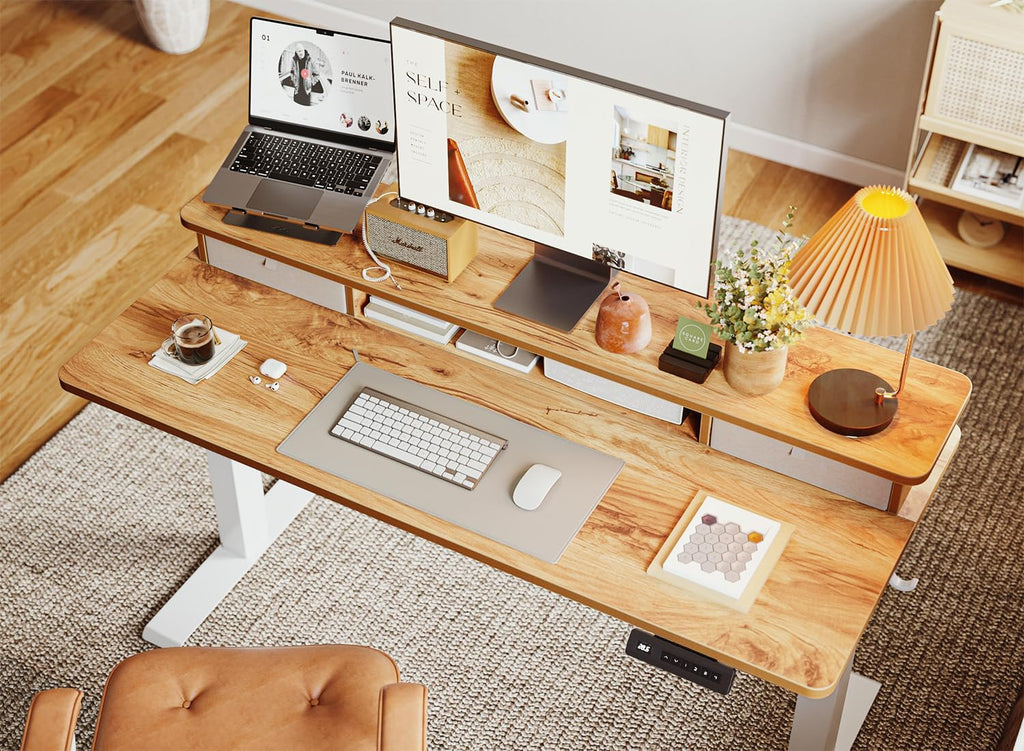 BANTI 55x24 Inch Electric Standing Desk with Dual Drawers, Height Adjustable Stand Up Table, Sit Stand Home Office Desk with Storage Shelf, White Frame/Light Rustic Brown Top