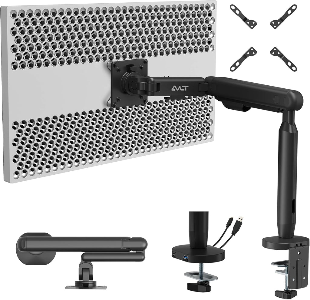 AVLT Single 17'-40' Ultrawide 3-Segment Easel Monitor Arm for Screens Up to 24.3 lbs, Aluminum Designer Stand, Adjustable Pneumatic Height, Full Motion Swivel Tilt Rotation, USB-C&A Ports, Black
