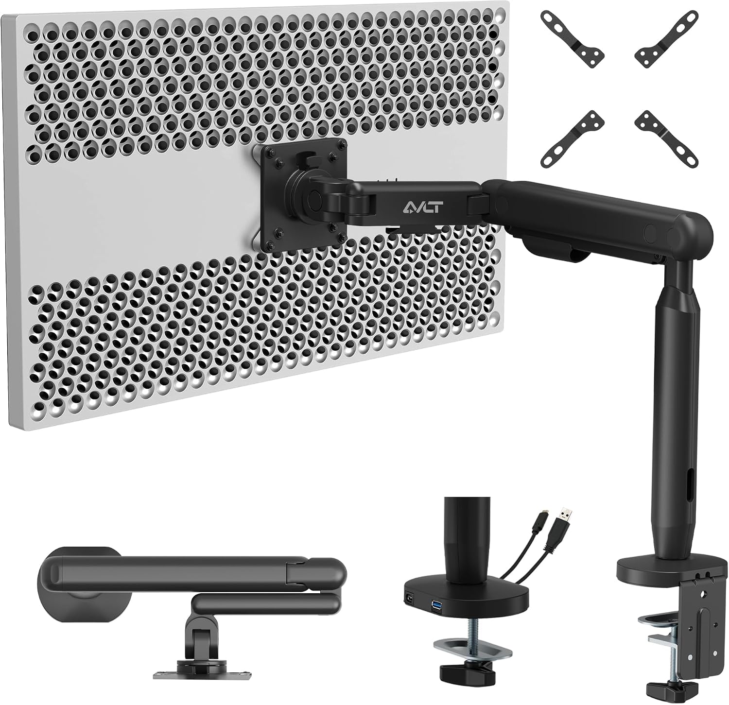 AVLT Single 17'-40' Ultrawide 3-Segment Easel Monitor Arm for Screens Up to 24.3 lbs, Aluminum Designer Stand, Adjustable Pneumatic Height, Full Motion Swivel Tilt Rotation, USB-C&A Ports, Black
