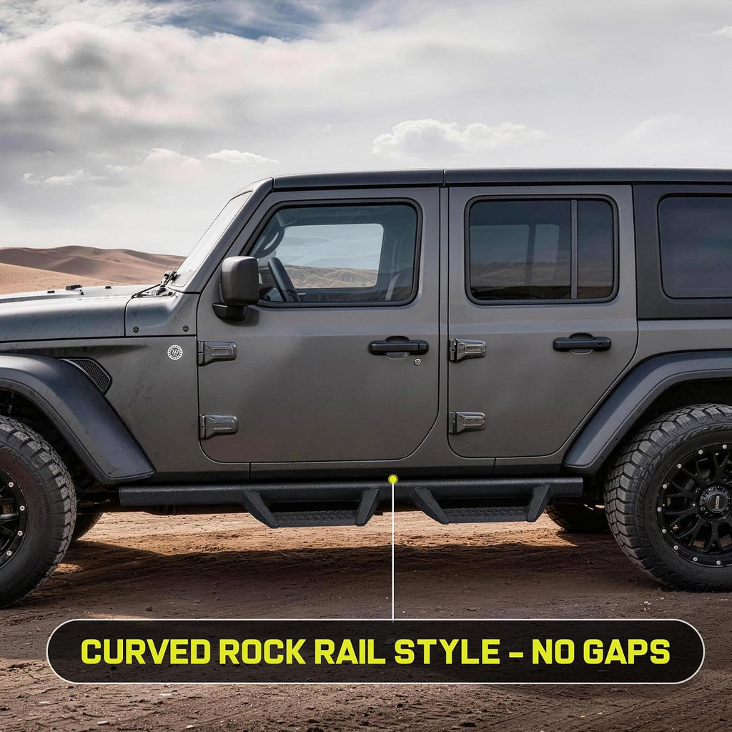 BINARY STAR Curve Design Running Boards Compatible with Vehicle 2018-2026 Jeep Wrangler JL 4 Door, Wrangler JL Nerf Bars Step Bars Made with Carbon Steel.Curved Rock Rail Style – No Gaps.