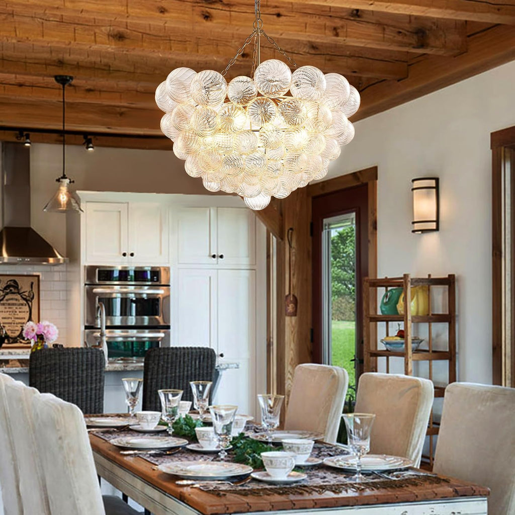 Longree Nordic Bubble Ball Swirled Glass Chandelier, Diam 31' Gild Gold and Clear Modern Hand Blown Glass Pendant Light Fixture 9-Light for Dining Room, Bedroom, Study, Restaurant, Hallway