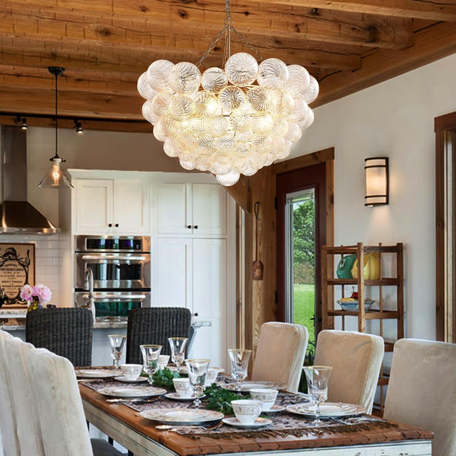 Longree Nordic Bubble Ball Swirled Glass Chandelier, Diam 31' Gild Gold and Clear Modern Hand Blown Glass Pendant Light Fixture 9-Light for Dining Room, Bedroom, Study, Restaurant, Hallway