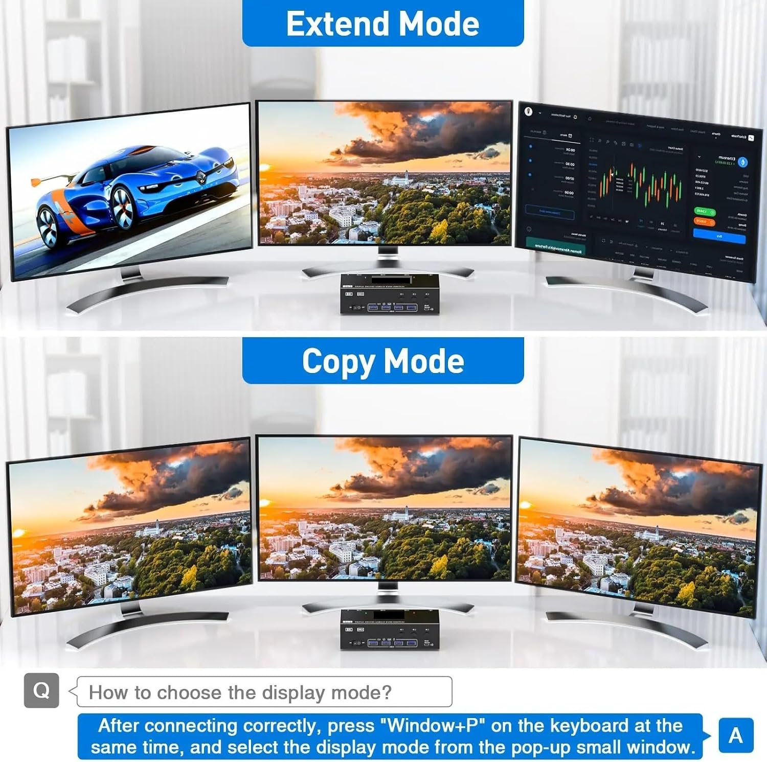 2 Displayport + HDMI USB 3.0 KVM Switch 3 Monitors 2/3 Computers, 8K@60Hz 4K@144Hz Triple Monitor KVM with 4 USB 3.0 Ports(303DH)