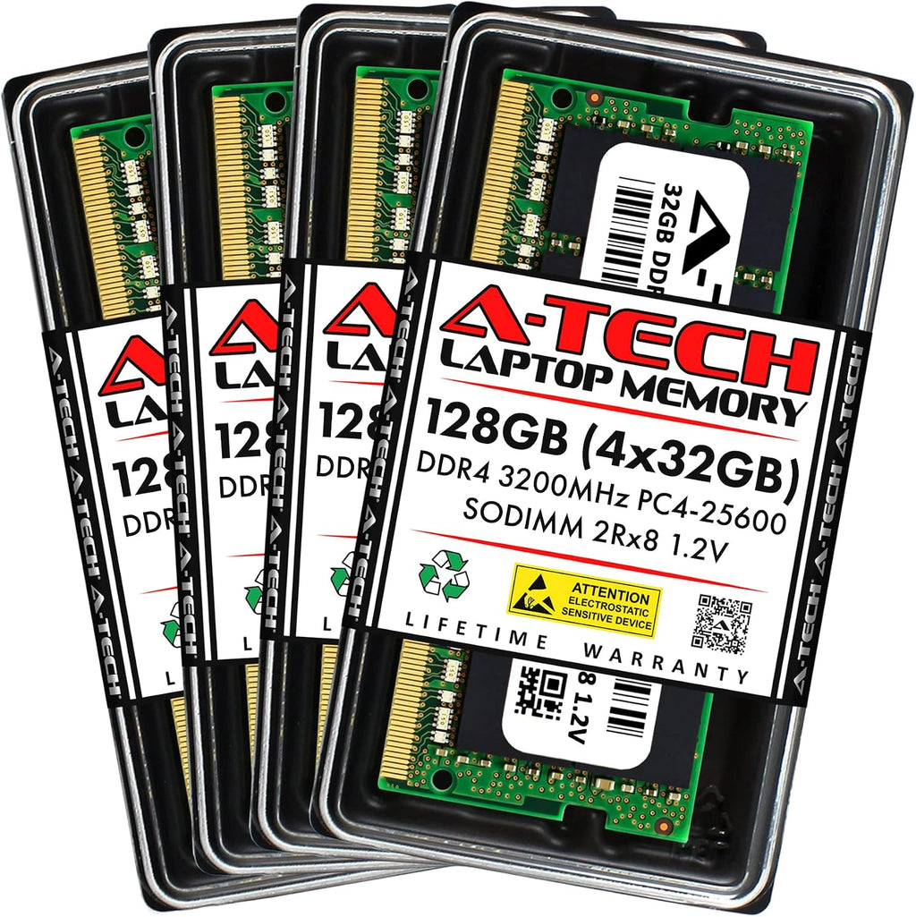 A-Tech 128GB (4x32GB) DDR4 3200 MHz SODIMM PC4-25600 (PC4-3200AA) CL22 2Rx8 Non-ECC Laptop RAM Memory Modules