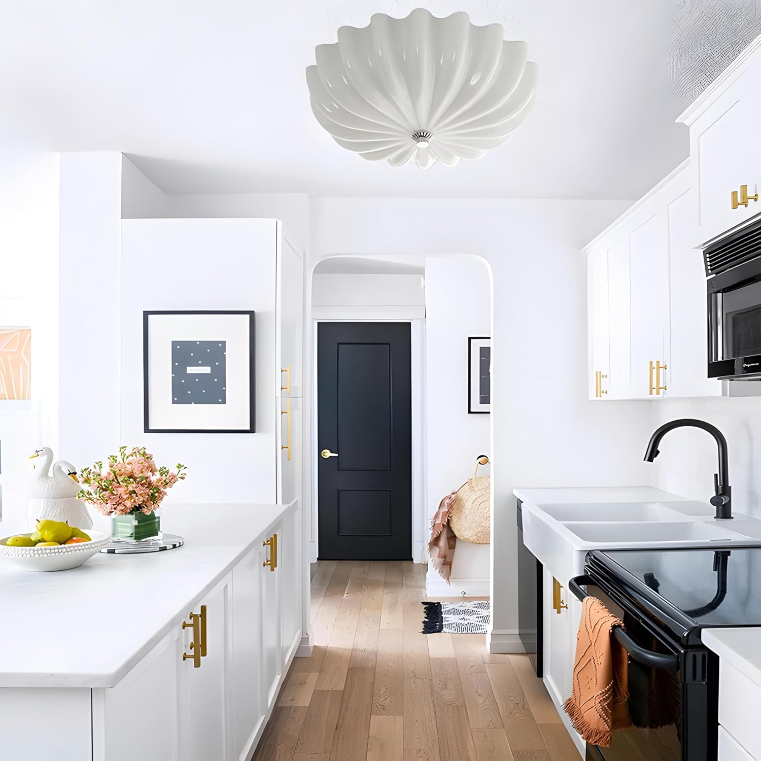 Mid Century Modern Flush Mount Ceiling Light with Milk White Glass Shade, White Flower Ceiling Lamp, 15.74inch Large LED Kitchen & Hallway Ceiling Light Fixture.