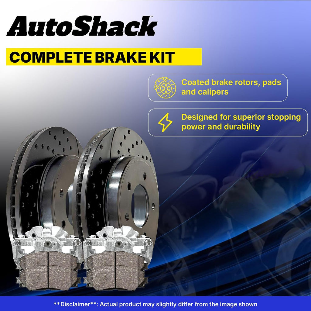 AutoShack Front Brake Rotors, Premium Pads & Calipers for Honda, Civic 2006-2011, FWD L4 1.8L - E-Coated Drilled & Slotted - Black Finish - NightGuard - 10.31' (261.9 mm), 5-Lug