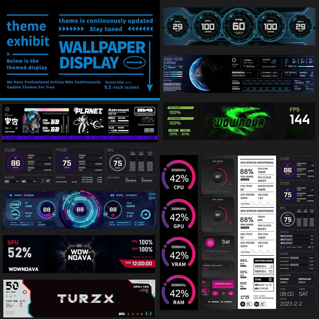 WOWNOVA 9.2' LCD Screen Inside PC Case Computer Temp Monitor Screen, 1 Click 1 Cable to Get Started Quickly PC Temperature Display IPS Sensor Panel CPU RAM HDD Data FPS Mini Monitor (White)