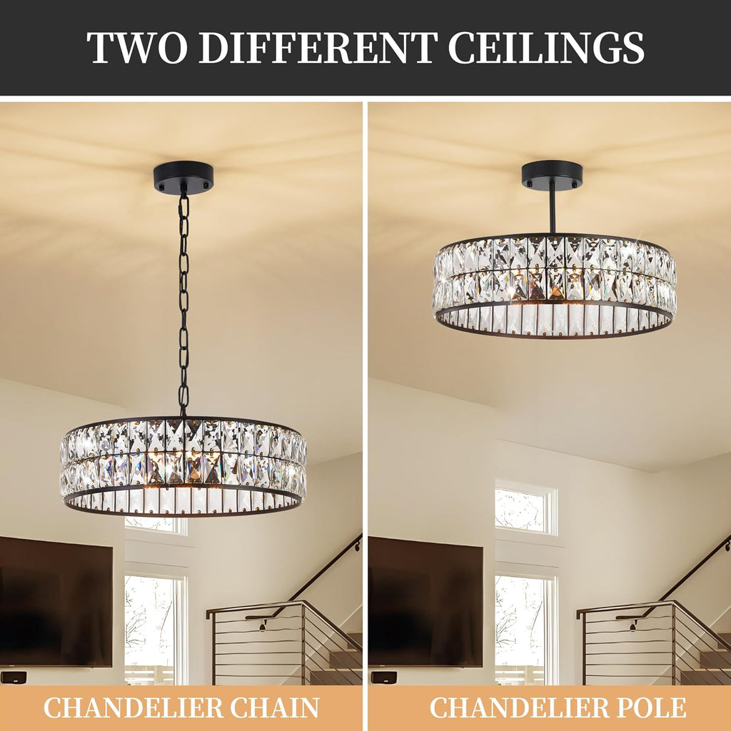 Modern Elegant 6-Light Black Crystal Chandelier, 18-Inch Oversized Round Semi Flush Mount Ceiling Light Fixture, Perfect for Enhancing Kitchen Island Ambiance & Stylish Entryway Décor
