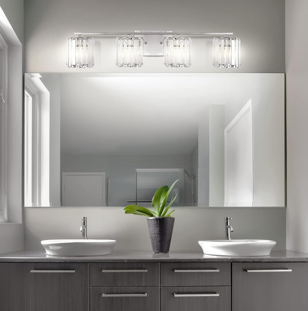 JONATHAN Y 4.75' Chrome 4-Light Vintage Glam LED Vanity Light Wall Sconce Fixture with Clear Crystal Prism Shade, Hardwired Wall Lamp for Bathroom Mirror Hallway, LED Bulb Included (JYL3555A)