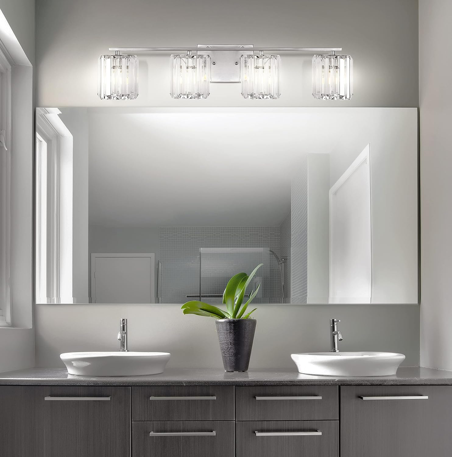 JONATHAN Y 4.75' Chrome 4-Light Vintage Glam LED Vanity Light Wall Sconce Fixture with Clear Crystal Prism Shade, Hardwired Wall Lamp for Bathroom Mirror Hallway, LED Bulb Included (JYL3555A)