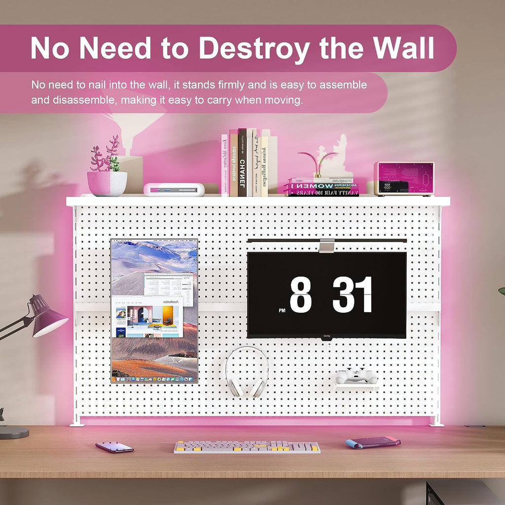 KEIKI Metal Pegboard Desk Organizer with Dual Monitor Stand, 59' x 35' Large Desk Peg Board with Hooks & Movable Panel, Office Organization and Storage Shelf for Gaming or Workstation Setup, White