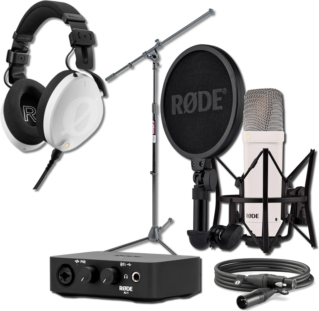Rode NT1 Signature Series Condenser Microphone (White) with AI-1 USB Audio Interface, White NTH-100 Professional Over-Ear Headphones and On-Stage MS7701B Boom Microphone Stand