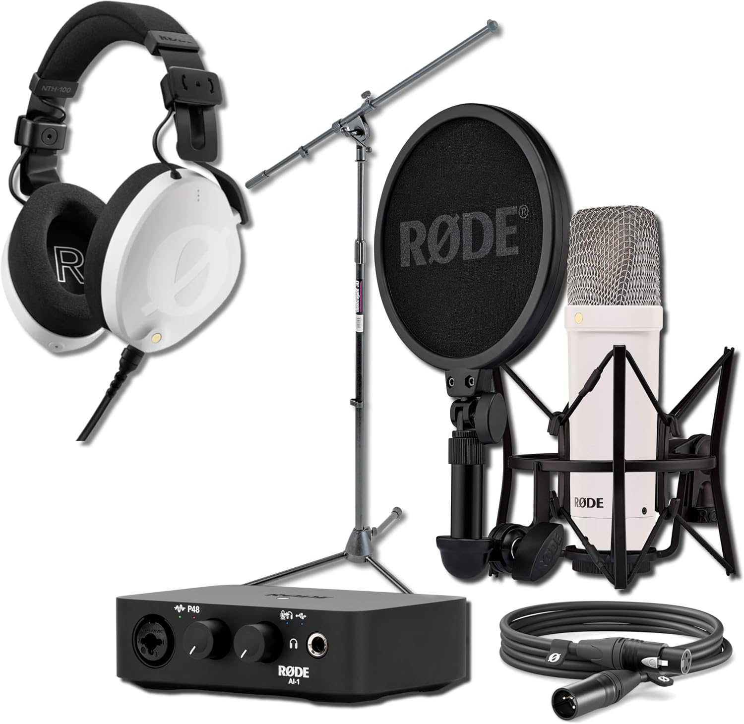 Rode NT1 Signature Series Condenser Microphone (White) with AI-1 USB Audio Interface, White NTH-100 Professional Over-Ear Headphones and On-Stage MS7701B Boom Microphone Stand