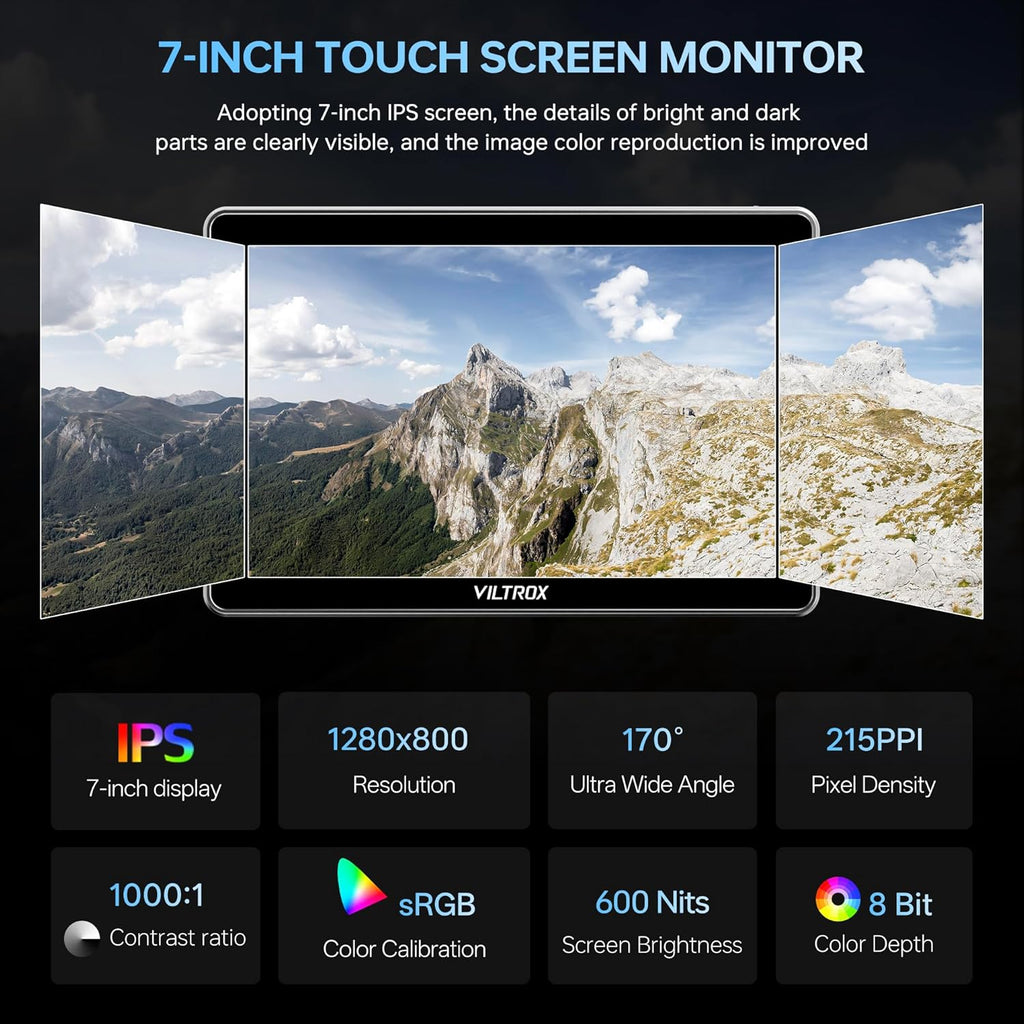 VILTROX DC-L2 7 inch SDI Camera Monitor, 1280x800 IPS HD Touch Screen Camera Field Monitor with 4K HDMI & SDI in/Out, 600 Nit, 3D LUT, Focus Peaking, Video Assist, Full Waveform, F550 Battery