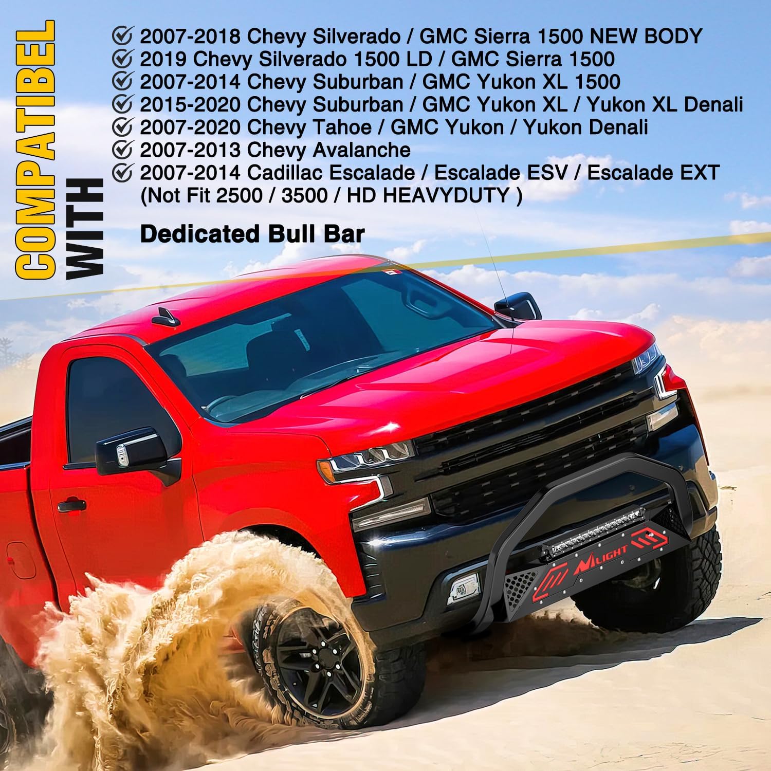 Nilight Bull Bar with Light fits 2007-2018 Chevy Silverado GMC Sierra 1500, 2007-2020 Chevy Tahoe Suburban&Yukon/Yukon XL Front Bumper Grille Brush Push Guard with Skid Plate Licence Plate Hole Black