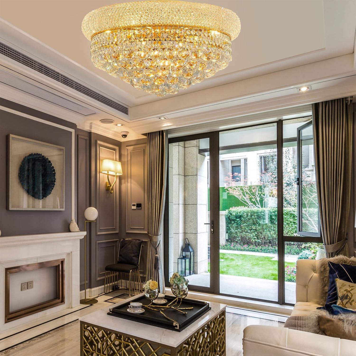9 - Light Flush Mount Crystal Chandelier for Living Room Dining Room Entryway Hallway Bedroom Foyer Gold Finish