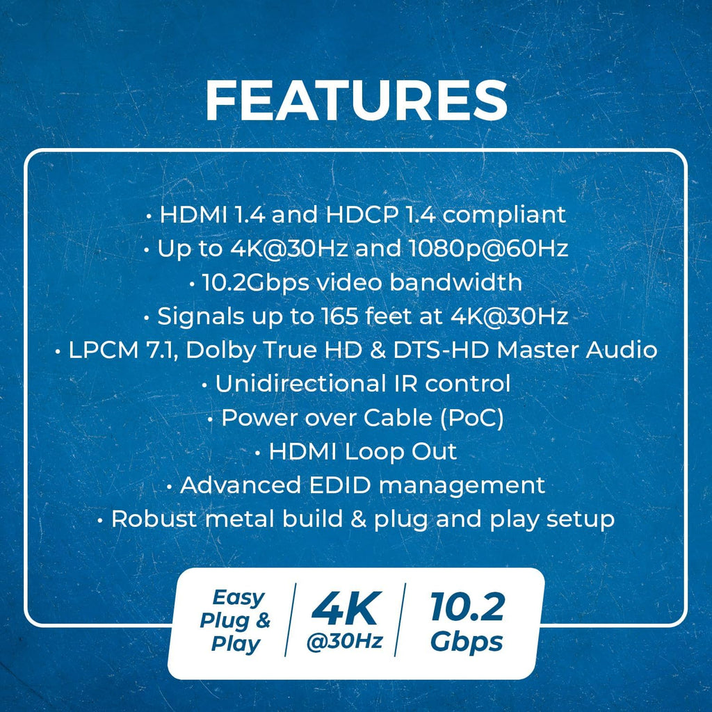 OREI 4K 1x4 HDMI Extender Splitter Over CAT6/7 Ethernet Cable Up to 4K@30Hz upto 165 ft-1080P@60Hz upto 230 ft, IR control, EDID, HDMI Loop Out (HD14-EX165-K)