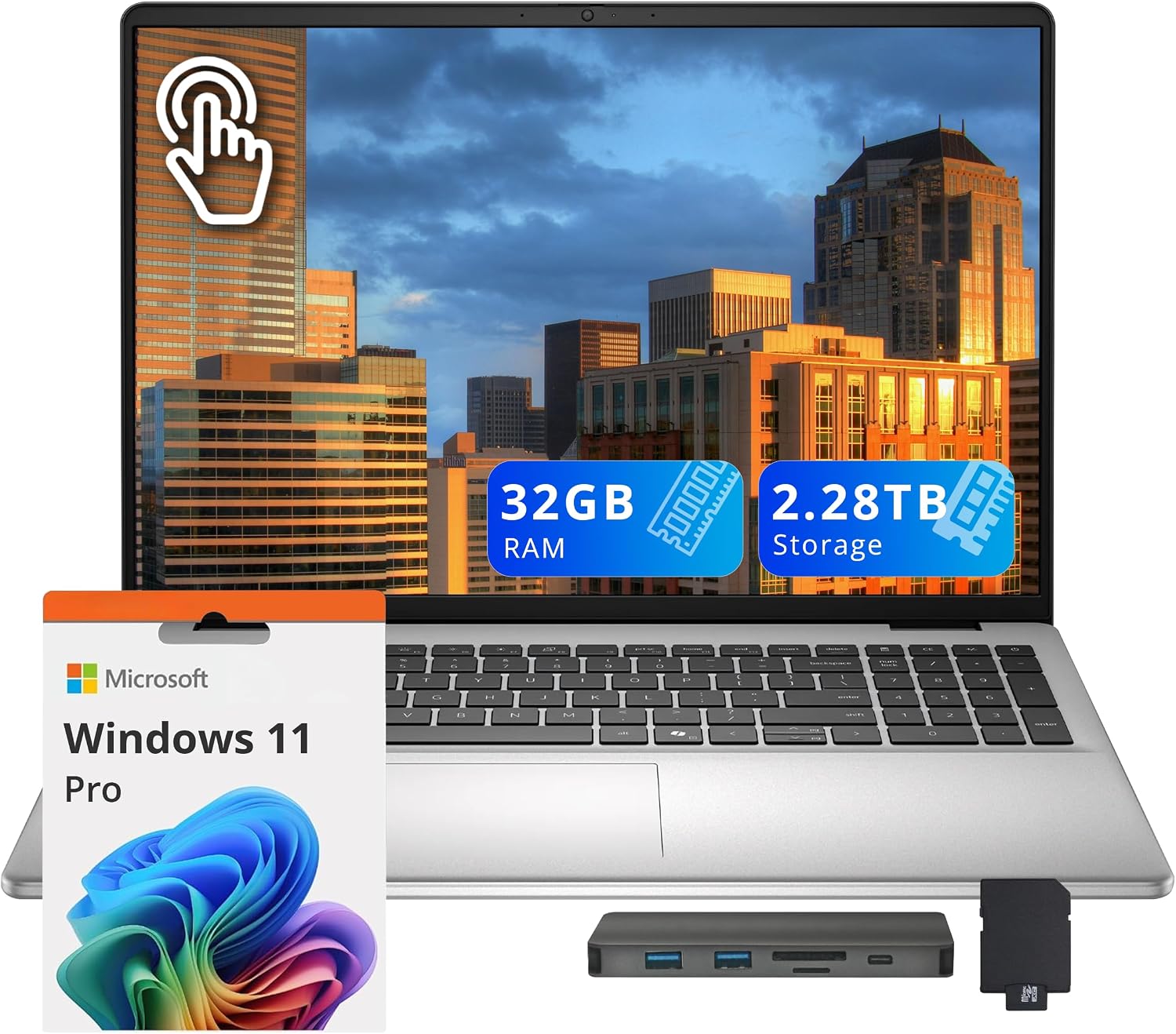 Dell 16″ FHD+ Touchscreen Laptop, Intel Core 7 150U, 32GB DDR5 RAM, 2.28TB Storage(2TB SSD + 288GB Docking Station Set), Wi-Fi 6E, Fingerprint reader, Backlit Keyboard, Windows 11 Pro, Platinum Silver