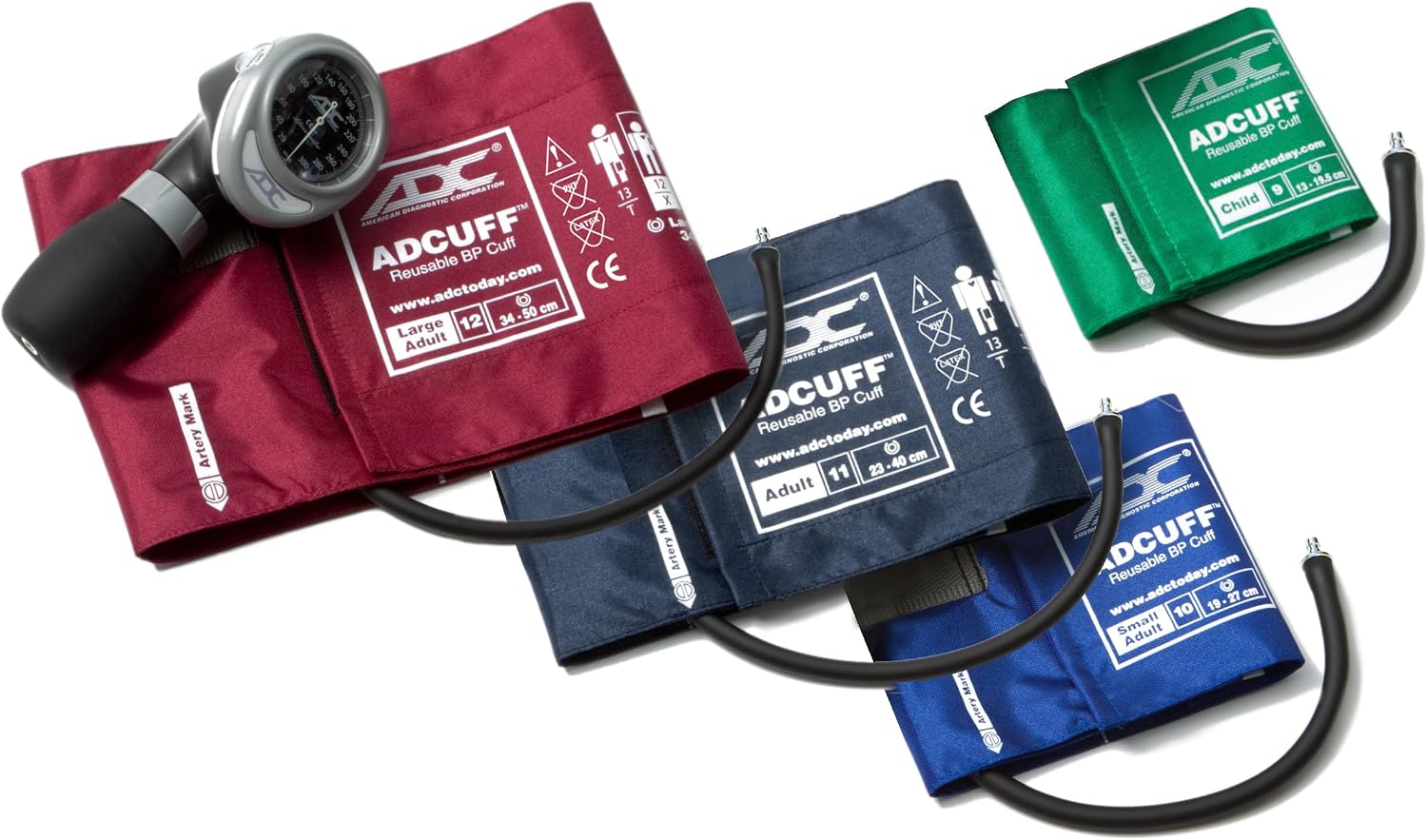 ADC Multikuf 732 4-Cuff EMT Kit with 804 Portable Palm Aneroid Sphygmomanometer, Child, Small Adult, Adult and Large Adult BP Cuffs (13-50 cm), Black Nylon Zipper Storage Case, Muli-Color