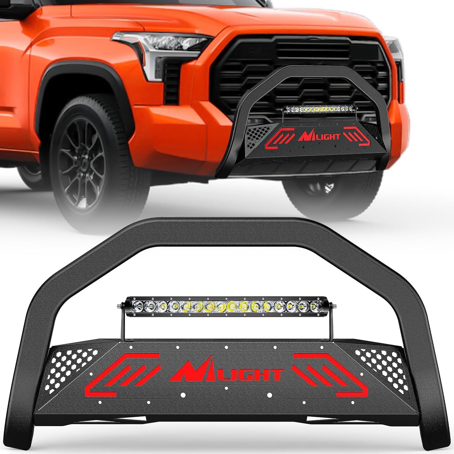 Nilight Bull Bar with Light Bar&License Plate Hole Compatible with Toyota Tundra 2022 2023 2024 Truck Brush Guard, Front Bumper Push Bar w/Grille Skid Plate Light Mount