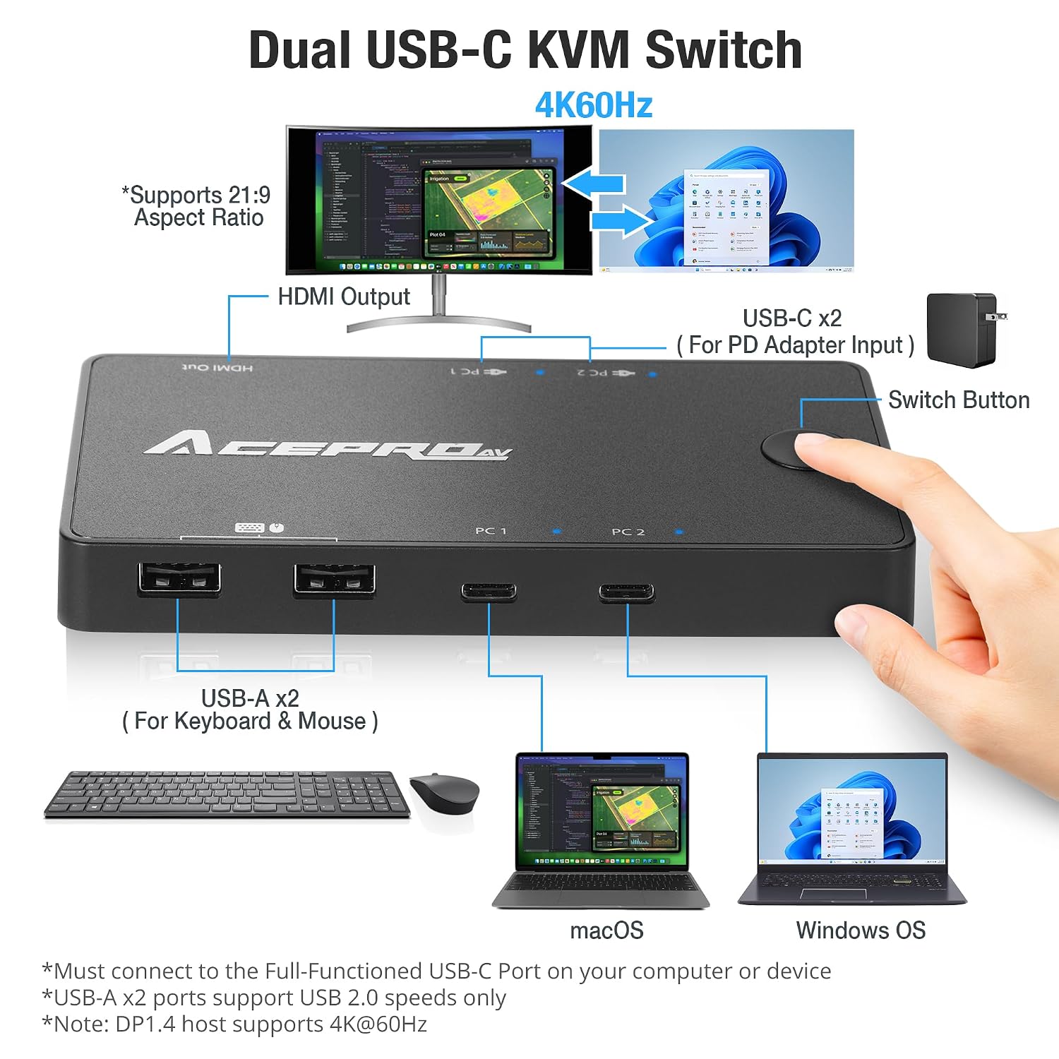 2x1 USB-C 4K60Hz KVM Switch with PD Pass-Through - Selector for 2 Computers Sharing 4K Monitor Keyboard Mouse - Includes 2 Cables for 100W Fast Charging - TAA Compliant