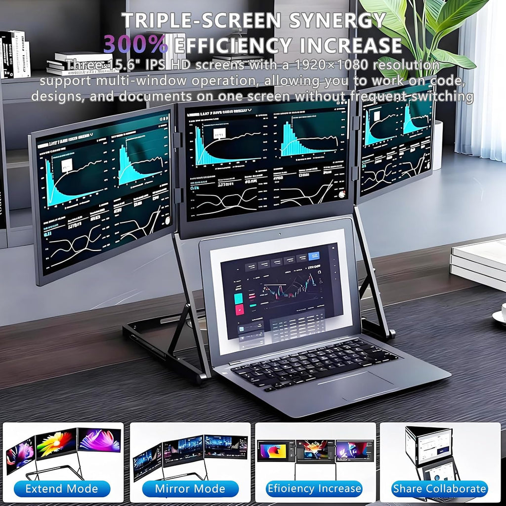 15.6' Triple Laptop Screen Extender Monitor,FHD 1080P IPS Plug-Play,Compatible with Windows/Mac(M1 M2 M3),for 13.6' - 17.3' Laptop