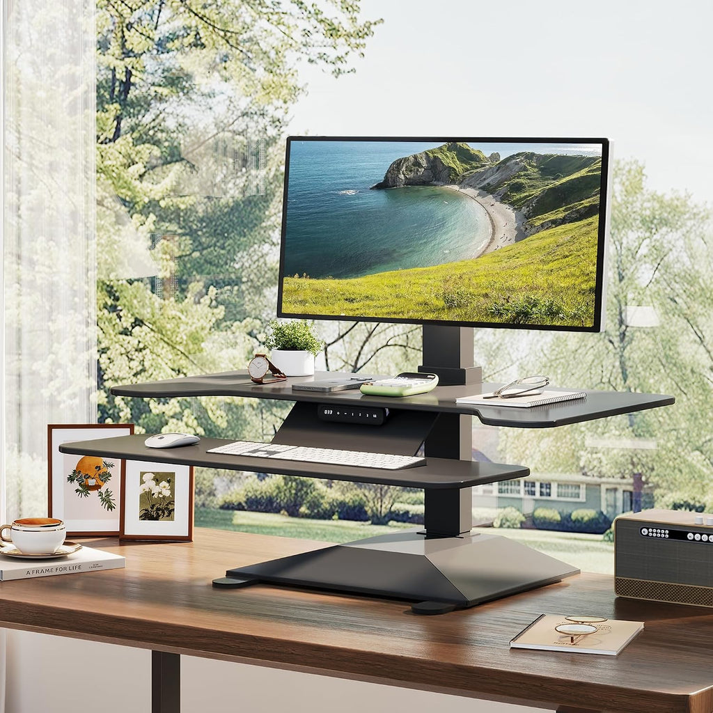 Electric Standing Desk Converter 36' Wide, Height Adjustable Desk Riser, Computer Workstation, Sit-Stand Convertor for Home, Office, School (Black, 1 Arm Included)