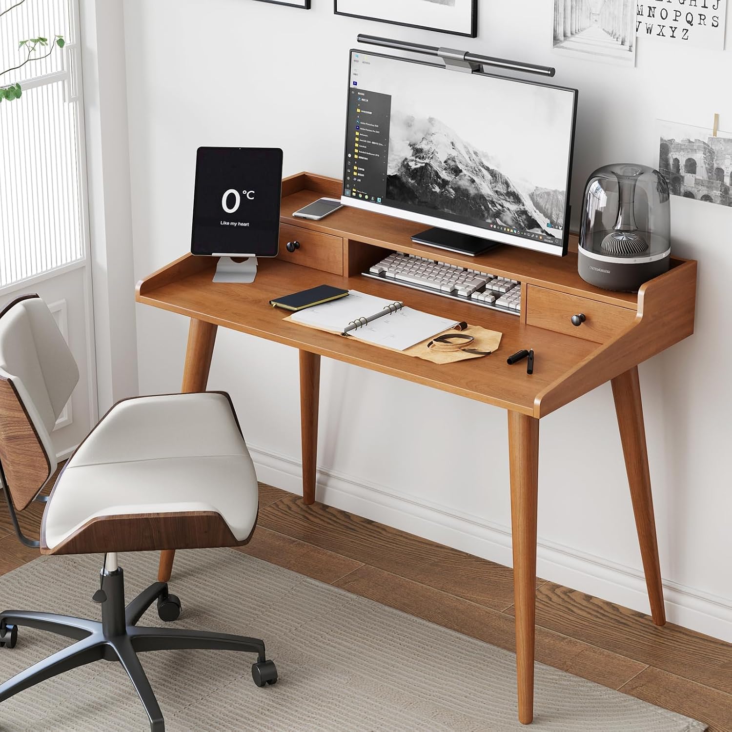 Mid Century Modern Desk, 41' Wood Home Office Writing Computer or Laptop Desk with Monitor Stand Riser and Open Storage Cubby, Vanity Desk with 2 Drawers