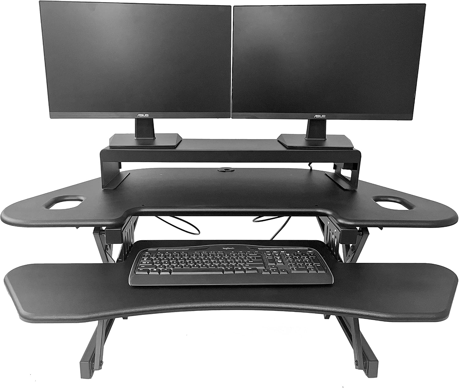 Rocelco 46' Height Adjustable Corner Standing Desk Converter with Dual Monitor Stand Bundle - Quick Sit Stand Up Computer Workstation Riser - Extra Large Keyboard Tray - Black (R CADRB-46-DMS)