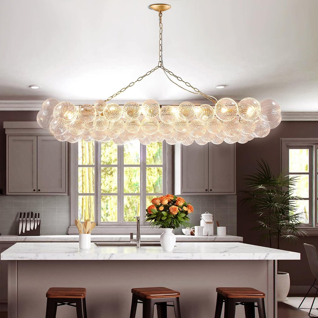 Longree Nordic Bubble Ball Swirled Glass Chandelier Gold, 62 inch | Long Rectangular, Island Light Fixture, For Dining Table, For Living Room
