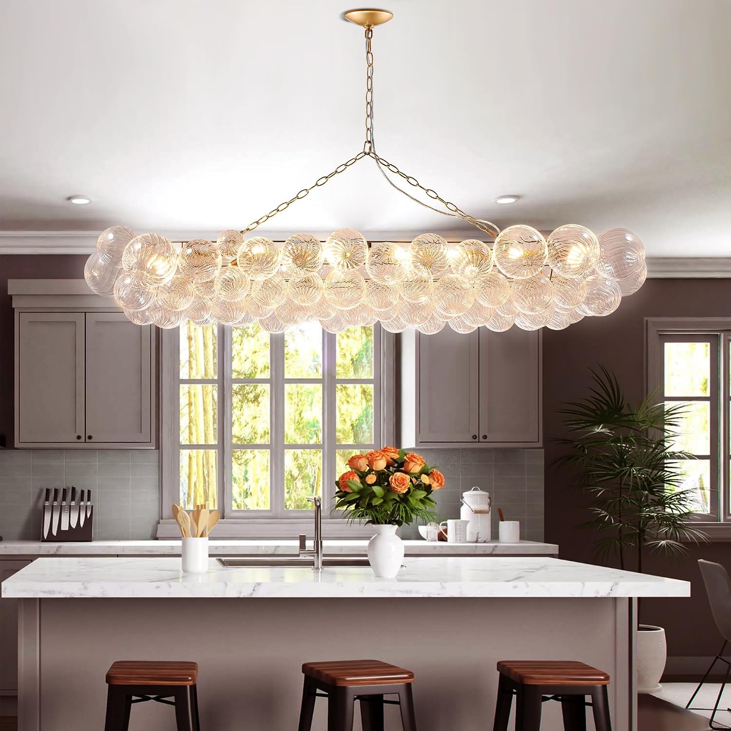 Longree Nordic Bubble Ball Swirled Glass Chandelier Gold, 62 inch | Long Rectangular, Island Light Fixture, For Dining Table, For Living Room