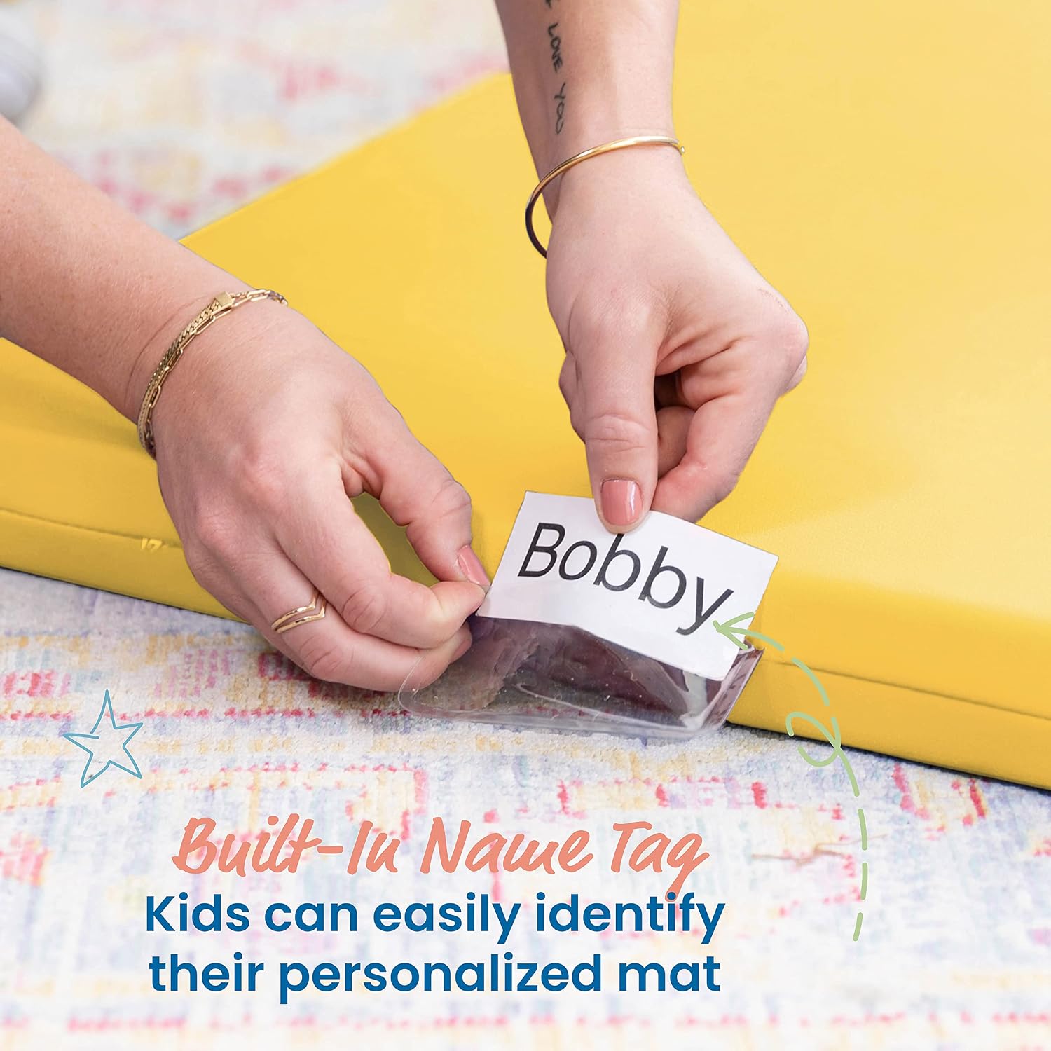 ECR4Kids SoftZone Rainbow Rest Time Mat with Name Tag, Sleeping Pad, Yellow, 5-Piece