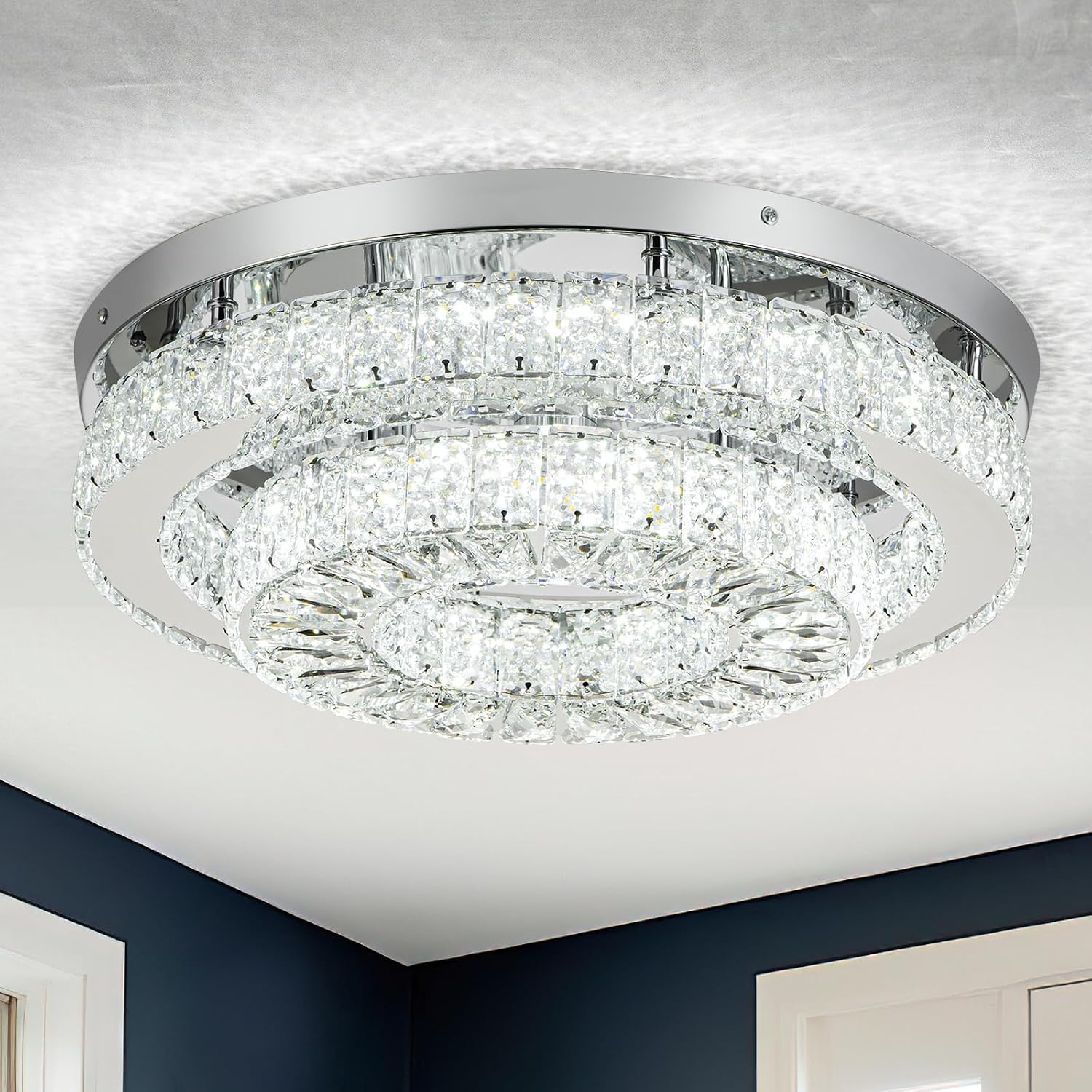 HOPGGIE 18' Crystal Chandelier 2-Layer Ceiling Light Fixture Flush Mount LED Large Chandelier Light for Living Room Dining Room Bedroom (Cool White)