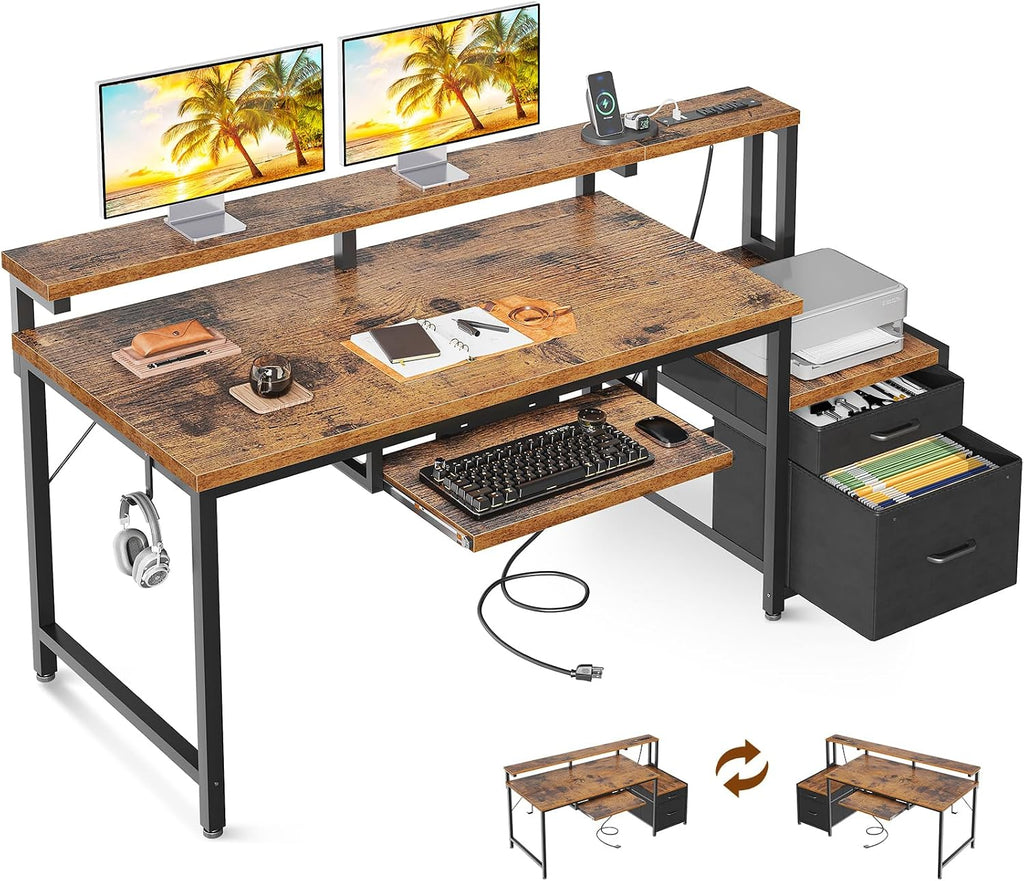 AODK Computer Desk with Drawers, 55' Office Desk with Keyboard Tray and Power Outlet, Reversible Study Work Desk with Printer Space and File Drawers Cabinet for Home Office, Vintage