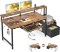 AODK Computer Desk with Drawers, 55' Office Desk with Keyboard Tray and Power Outlet, Reversible Study Work Desk with Printer Space and File Drawers Cabinet for Home Office, Vintage