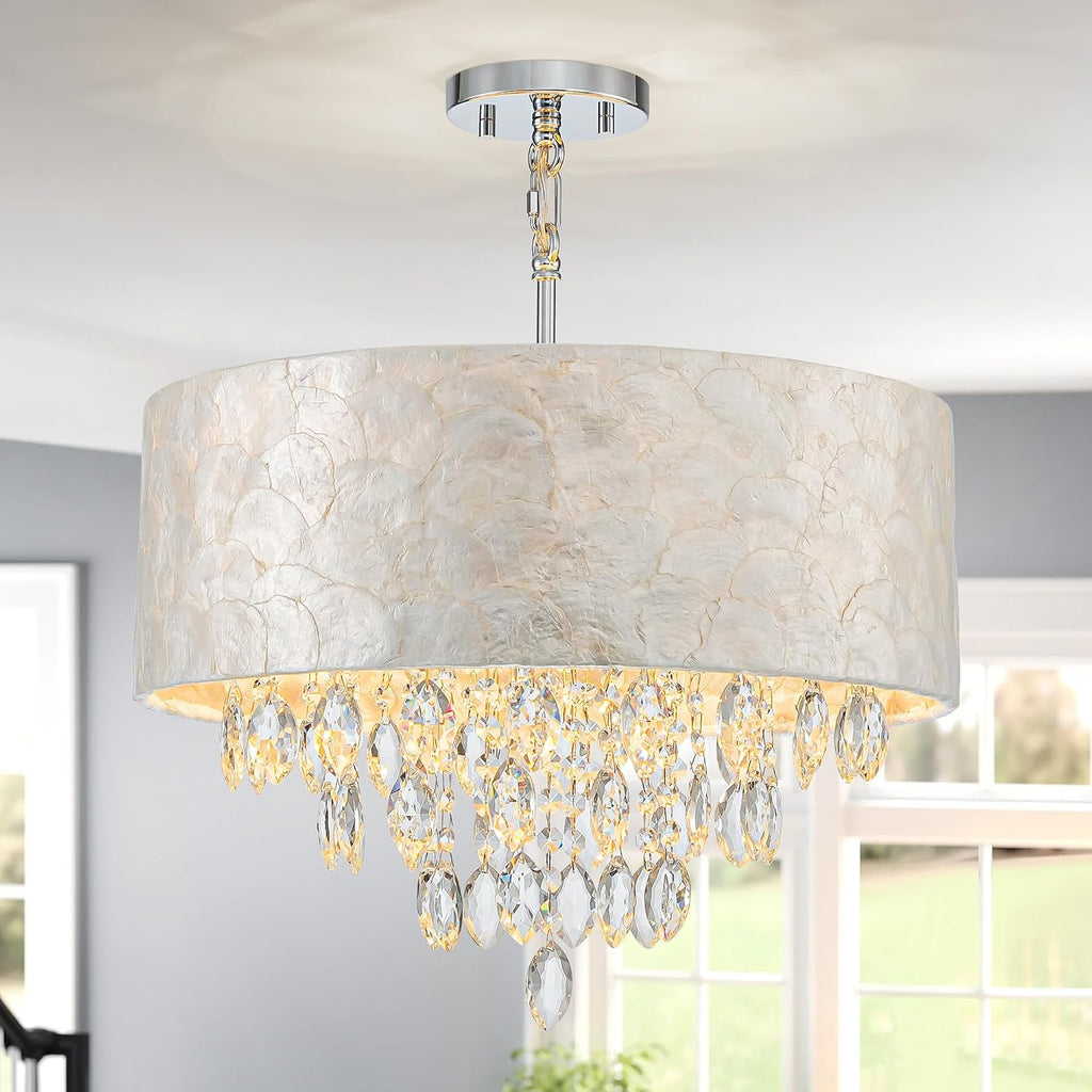4-Light Drum Capiz Shell K9 Crystal Chandelier, Coastal Style Pendant Light Fixture for Dining Room, Living Room, D17.7 x H21~68 inch (Adjustable), Clear Crystal & Chrome Finish