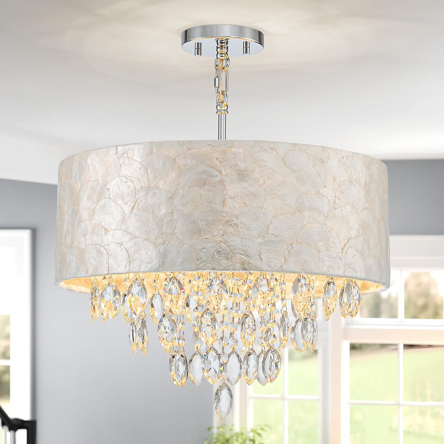 4-Light Drum Capiz Shell K9 Crystal Chandelier, Coastal Style Pendant Light Fixture for Dining Room, Living Room, D17.7 x H21~68 inch (Adjustable), Clear Crystal & Chrome Finish