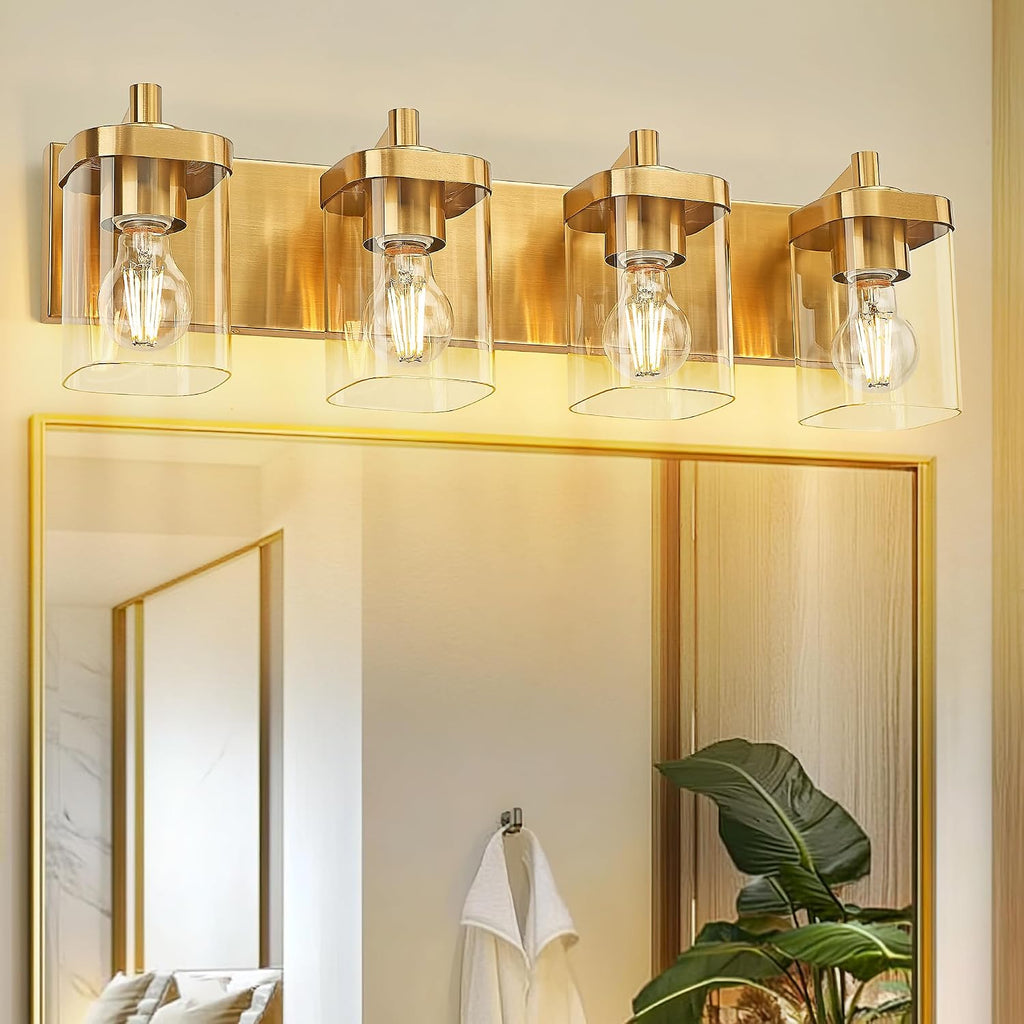 Bathroom Light Fixtures, 25' Brushed Gold Vanity Light, 4-Light Modern Wall Sconces with Square Clear Glass Shade, Vanity Lighting Fixtures Over Mirror, VL194-BG-4